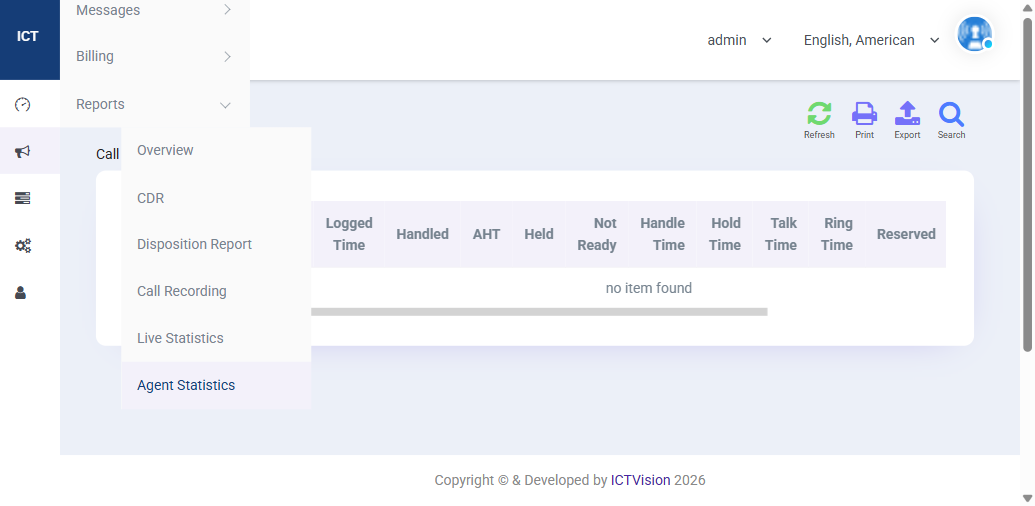 ICTContact Agent Statistics report showing logged time, AHT, talk time, occupancy