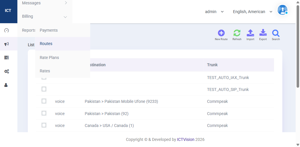 ICTContact Billing Routes showing destination patterns, trunk assignments for voice calls