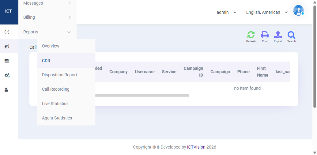 ICTContact CDR Call Detail Records report screen
