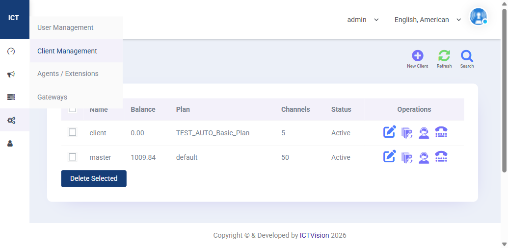 ICTContact Client Management showing client list with balance, plan, channels and status