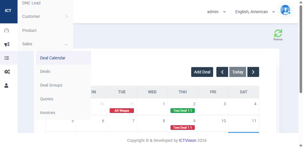 ICTContact Deal Calendar showing deals plotted on a weekly calendar view
