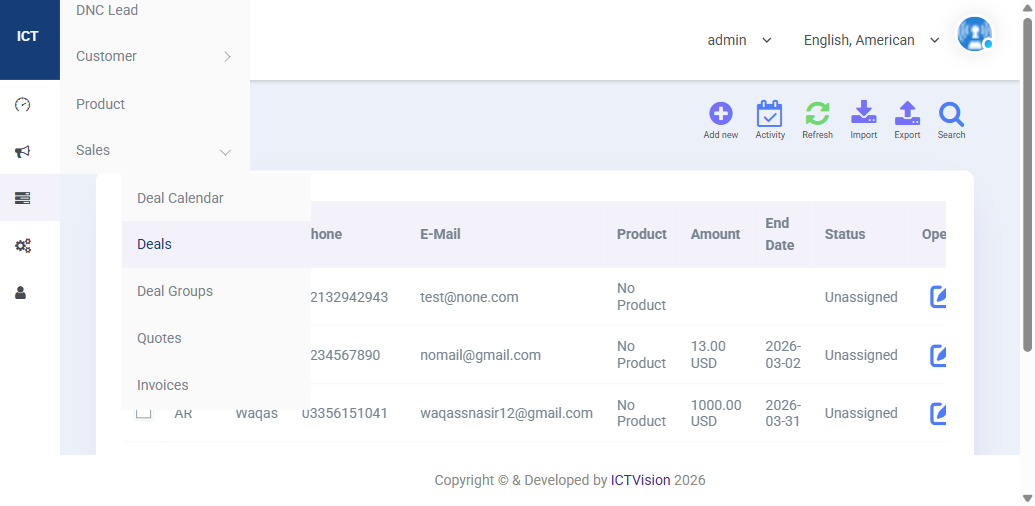 ICTContact Deals list showing contacts, product, amount, end date and status