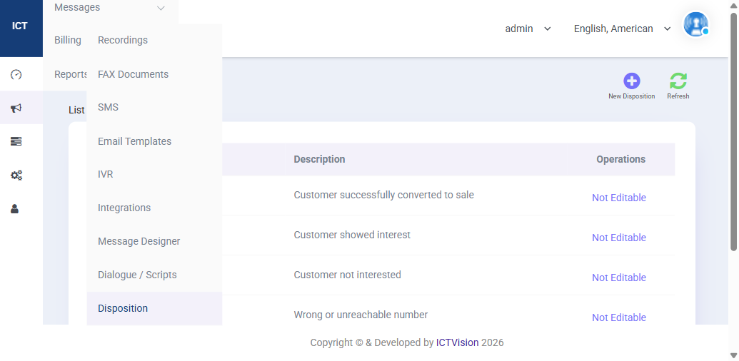 ICTContact Disposition Management showing list of dispositions with descriptions