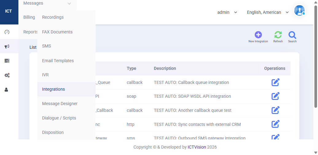ICTContact Integrations page showing CRM connections including callback, SOAP API and HTTP sync