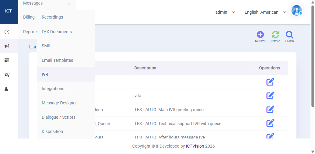 ICTContact IVR Builder showing list of IVR menus with edit options