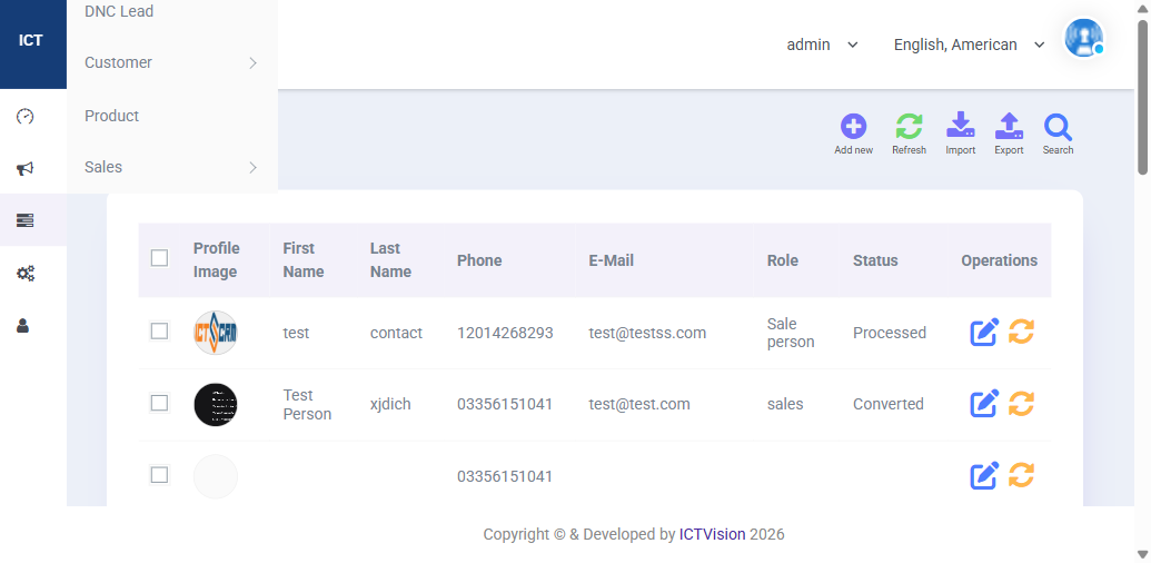 ICTContact Lead Management showing lead list with status, role and operations