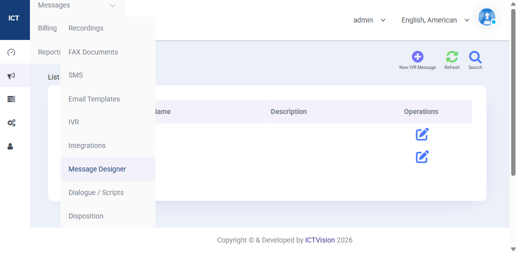ICTContact Message Designer showing IVR message list with name and description