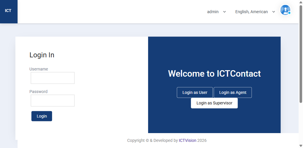 ICTContact Supervisor login page showing three role login options