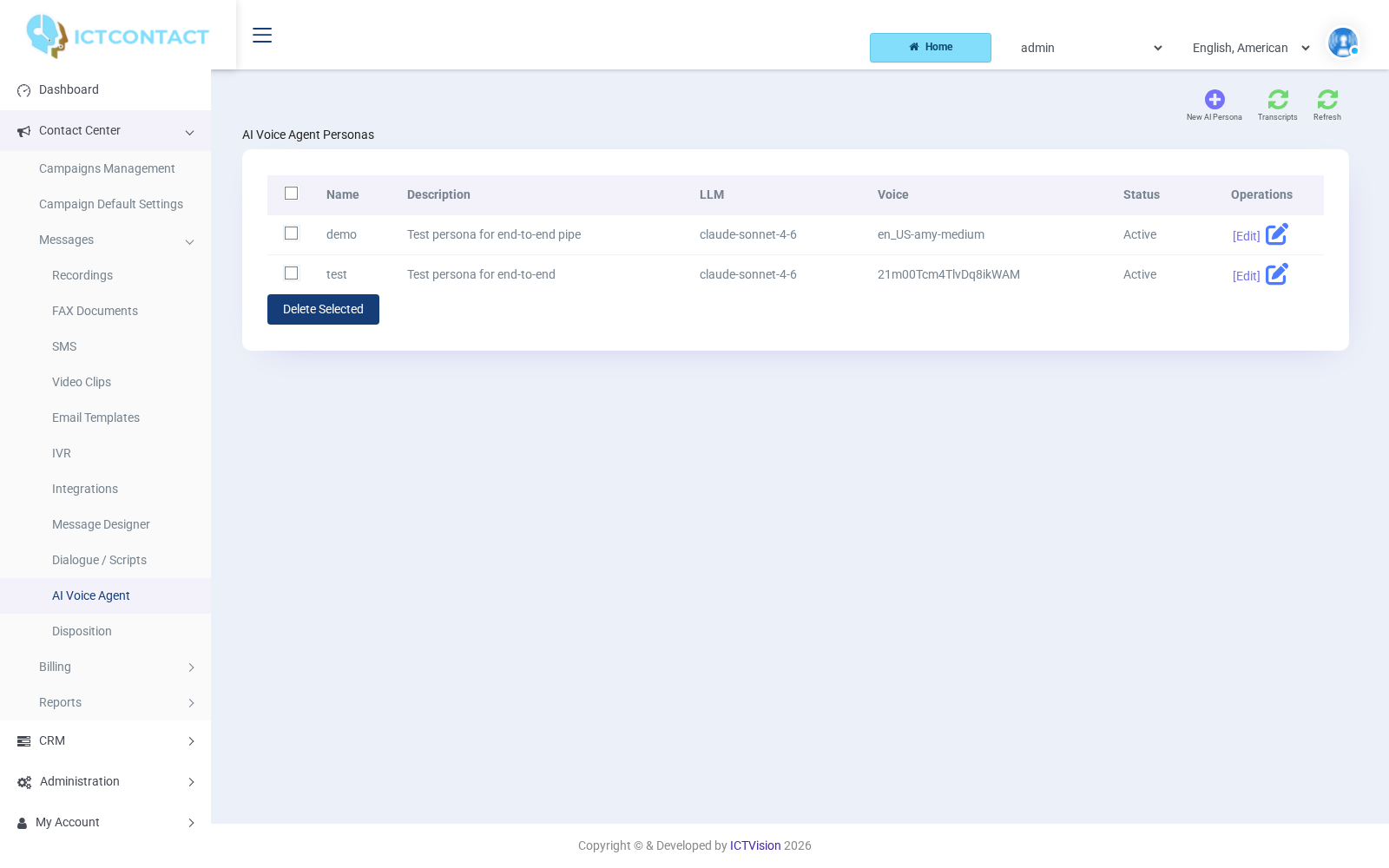 ICTContact AI Voice Agent Personas list showing configured personas with their LLM model, voice, and status