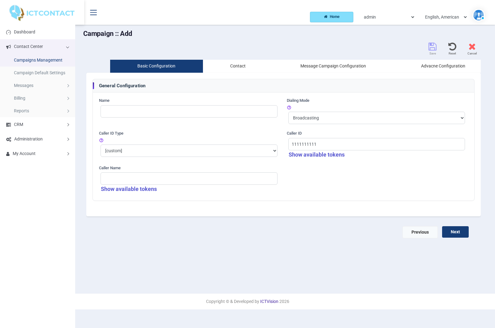 ICTContact campaign creation wizard showing basic configuration with dialing mode and caller ID options